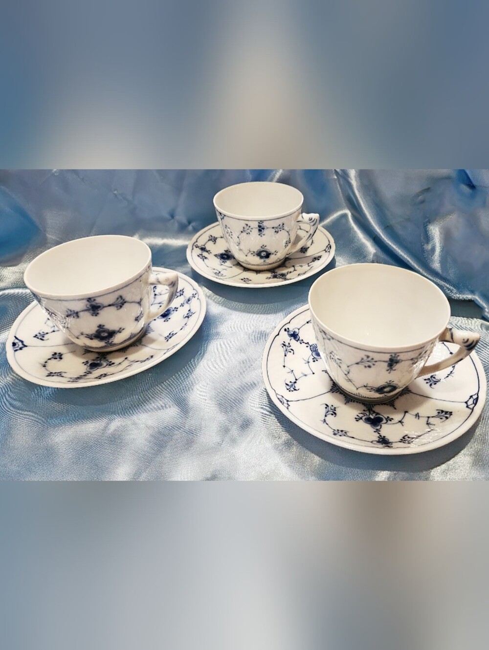 Alluring Rare Vintage Blue Fluted B&G Denmark Cups And Saucers Set Of 3
